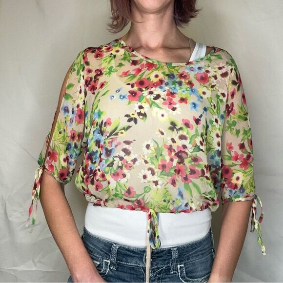 Old Navy Women's Floral Open Arm Cropped Blouse XS Extra Small Multicolor Sheer - Picture 1 of 14